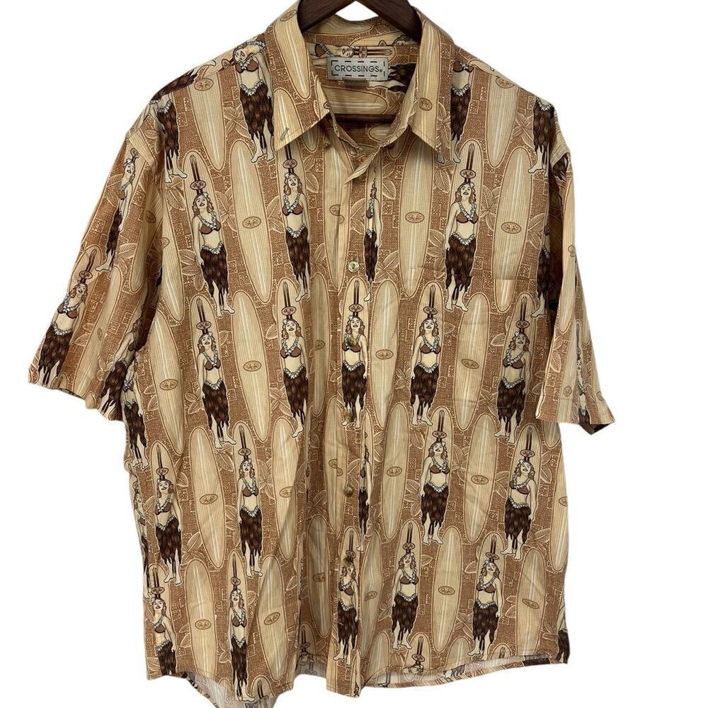 Crossings Vintage 100% Cotton Hawaiian Hula Girl Shirt Button Down Size Large